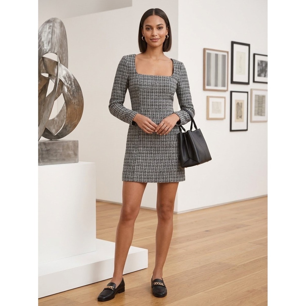 Christian Lacroix Womens Black White Tweed Square Neck Long Sleeve Mini Dress 4
